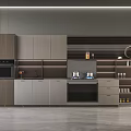 Elegant Modern Kitchen Interior With Wooden And Gray Cabinets Oven And Open Storage Shelves