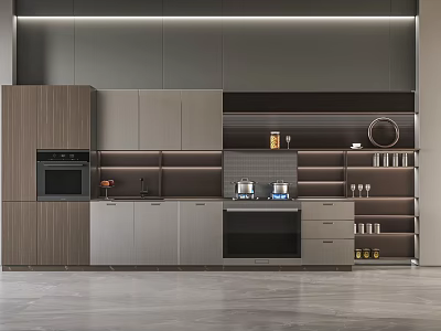 Elegant Modern Kitchen Interior With Wooden And Gray Cabinets Oven And Open Storage Shelves 3d model