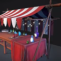 Vintage Market Stall Featuring Red White Striped Awning Wooden Table And Colorful Bottles Fruits Candles