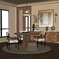 Elegant Modern Restaurant Interior With Round Dining Table Chairs Area Rug Wooden Cabinet And Decorative Vases