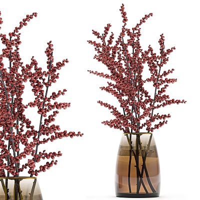 Decorative Red Berry Branches Arranged In Glass Vase For Home Decoration 3d model
