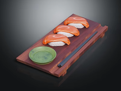 Fresh Salmon Sushi on Wooden Serving Board with Green Soy Sauce Dish and Chopsticks 3d model