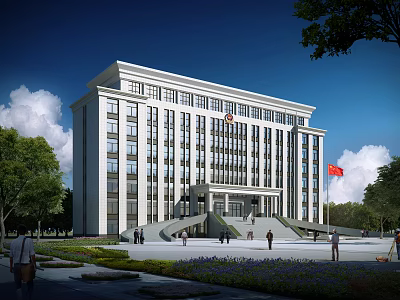 Modern Office Building With White Exterior Multiple Floors Front Steps Landscaped Garden And Trees 3d model