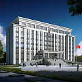 Modern Office Building With White Exterior Multiple Floors Front Steps Landscaped Garden And Trees