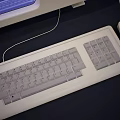 Retro Desktop Computer With CRT Monitor Blue Screen Keyboard And Mouse