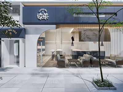 Modern Blue Storefront With White Signage Open Entrance Seating Area And Tree Lined Sidewalk 3d model