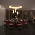 Chinese Style Private Dining Room Interior With Round Table Red Chairs And Wooden Decor