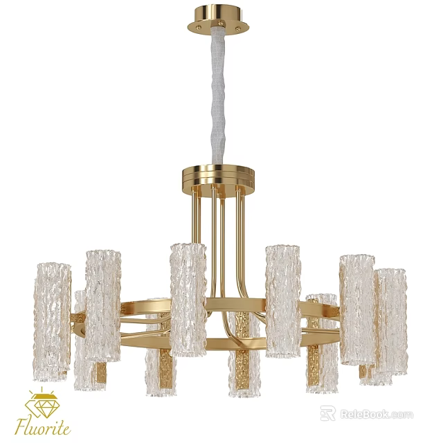 Elegant Gold Frame Chandelier With Textured Transparent Glass Columns For Modern Interior Decoration 3d model 