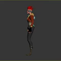 Game Movie Character With Spiked Red Hair Orange Vest Black Cargo Pants And Mechanical Arm