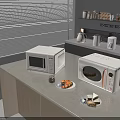 Modern Kitchen Countertop With White Microwave Toaster Oven And Sandwiches Croissants