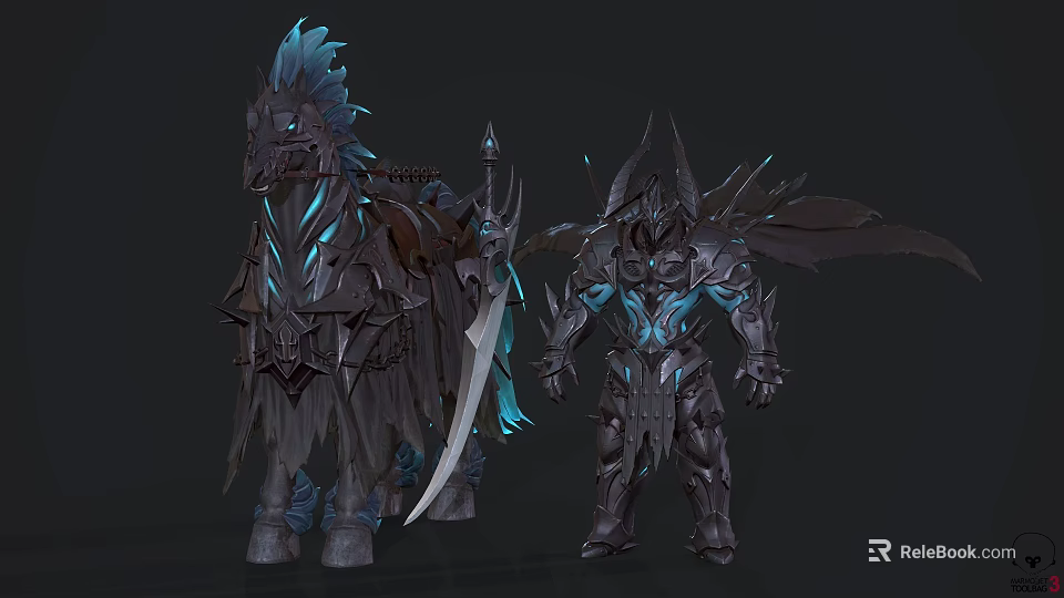 Game Movie Characters Armored Warrior With Sword And Mythical Horse Blue Glowing Details 3d model 