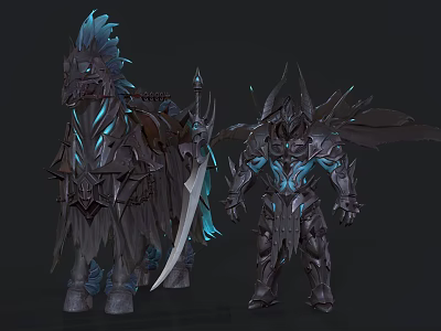 Game Movie Characters Armored Warrior With Sword And Mythical Horse Blue Glowing Details 3d model
