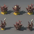 Six Ancient Bronze Weapons With Intricate Designs And Yellow Bases Displayed 3d model