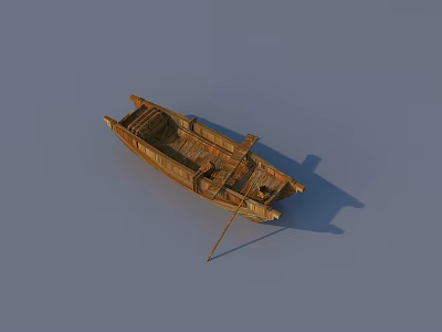 Old Brown Wooden Boat With Simple Structure And Wooden Oar On Gray Background 3d model