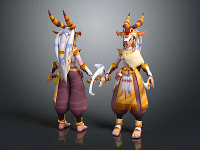 Fantasy Horned Creature Characters With White Long Hair Yellow Brown Outfits Holding Items 3d model