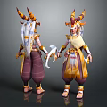 Fantasy Horned Creature Characters With White Long Hair Yellow Brown Outfits Holding Items