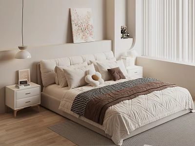 Cream Style Bedroom Double Bedside Cabinet Carpet Decoration Hanging Picture Bedside Lamp 3d model
