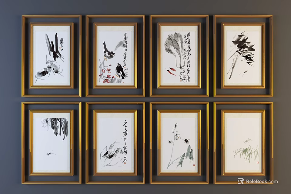 Eight Gold Framed Traditional Chinese Ink Botanical Paintings Wall Art 3d model 