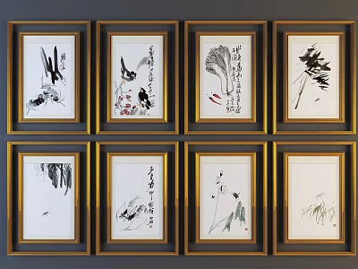 Eight Gold Framed Traditional Chinese Ink Botanical Paintings Wall Art 3d model