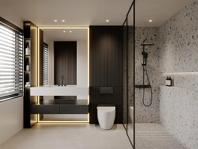 Modern Bathroom With Ambient Lighting Dark Cabinetry And Sleek Fixtures 3d model
