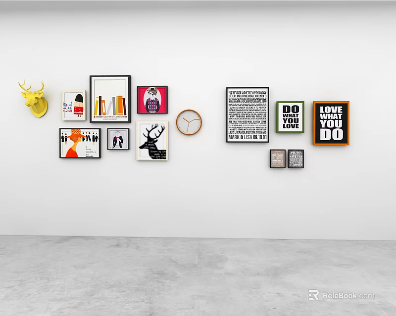 Modern Wall Decor With Framed Artworks Yellow Deer Head Clock And Posters 3d model 