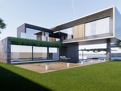 Modern Detached Villa With Large Glass Windows Paved Patio And Green Lawn 3d model