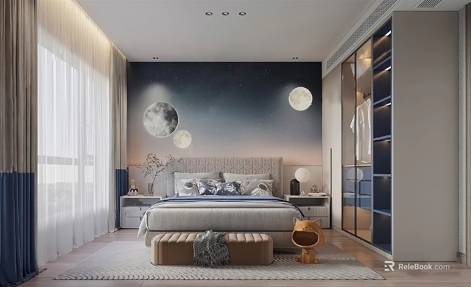 Starry Theme Kids Room Interior With Moon Wall Bed Storage Cabinets And Cozy Rug 3d model 