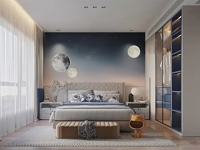 Starry Theme Kids Room Interior With Moon Wall Bed Storage Cabinets And Cozy Rug 3d model