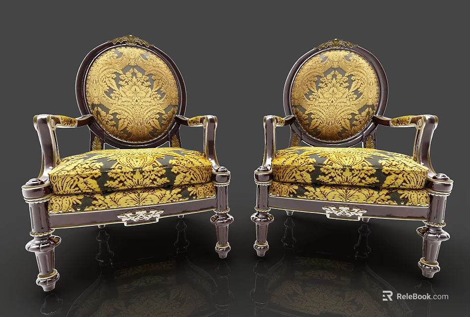 Classic Armchair With Gold And Black Floral Pattern Wooden Frame And Intricate Carved Details 3d model 