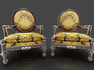 Classic Armchair With Gold And Black Floral Pattern Wooden Frame And Intricate Carved Details 3d model