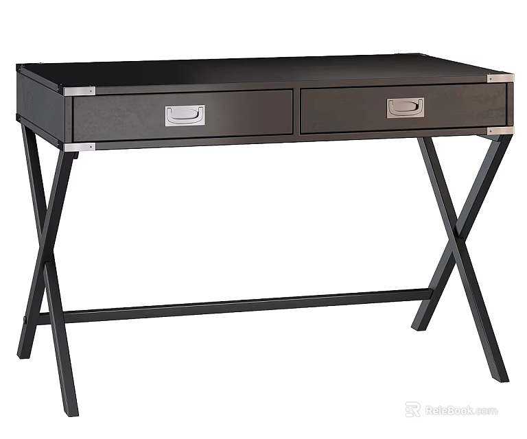 Black Modern Dressing Table With Two Drawers And X Shaped Metal Legs 3d model 