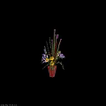 Red Woven Vase Arrangement With Sunflowers Purple Blooms And Green Foliage