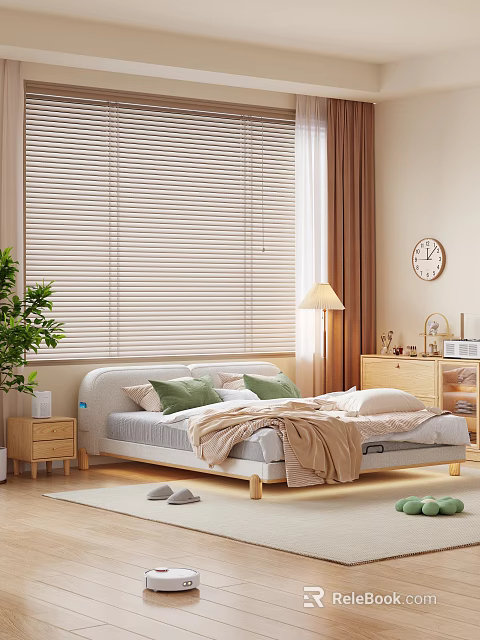 Modern Double Bed with White Headboard Green and White Pillows Beige Blanket and Wooden Floor 3d model 