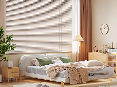 Modern Double Bed with White Headboard Green and White Pillows Beige Blanket and Wooden Floor 3d model