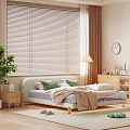 Modern Double Bed with White Headboard Green and White Pillows Beige Blanket and Wooden Floor