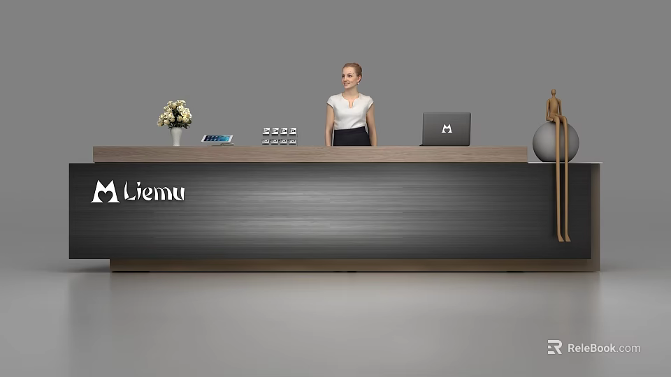 Modern Reception Desk With HP Laptop Flower Vase Tablet And Liema Branding 3d model 