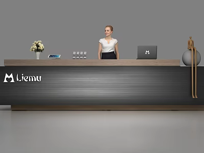 Modern Reception Desk With HP Laptop Flower Vase Tablet And Liema Branding 3d model