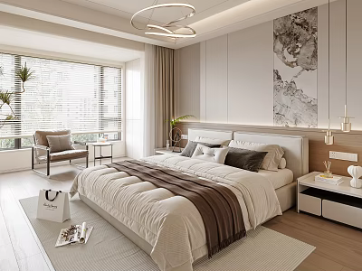 Modern Cozy Bedroom Interior With Beige Bed Pillows Wooden Floor And Wall Art 3d model