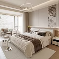 Modern Cozy Bedroom Interior With Beige Bed Pillows Wooden Floor And Wall Art