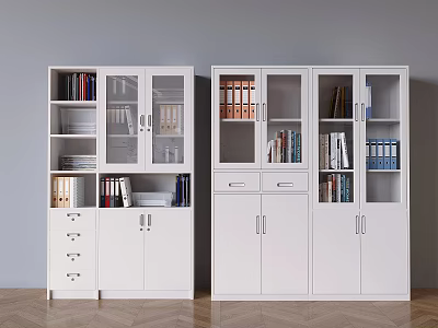 White File Cabinets With Glass Doors And Drawers Storing Files And Books In Office Room 3d model