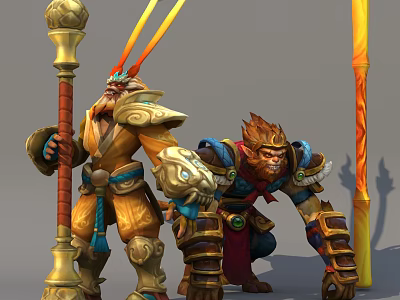 Standing And Crouching Monkey Game Characters With Golden Blue Armor Staff And Flames 3d model