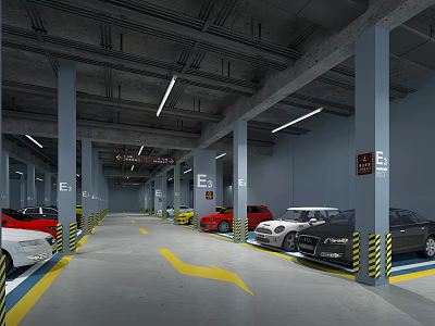 Modern Parking Garage Interior With Multiple Cars Parked Blue Pillars Yellow Arrows And Lighting Fixtures 3d model
