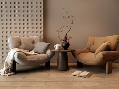 Elegant Single Sofas In Modern Interior With Textured Wall Side Table Vase And Open Book 3d model