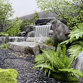 Serene Garden Rockery Waterfall Feature With Green Plants Stones And Moss