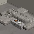Modular Sectional Sofa With Plaid Pattern Neutral Tones Throw Pillows And Small Coffee Table 3d model