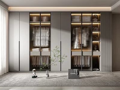 Modern Gray Wardrobe With Multiple Storage Shelves Hanging Rods And Decorative Plant In Room 3d model
