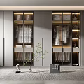 Modern Gray Wardrobe With Multiple Storage Shelves Hanging Rods And Decorative Plant In Room