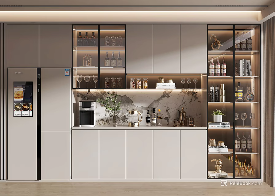 Modern Wine Cabinet Design With Glass Doors And Wine Storage In Kitchen Interior 3d model 