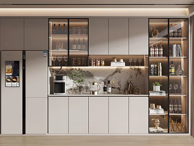 Modern Wine Cabinet Design With Glass Doors And Wine Storage In Kitchen Interior 3d model
