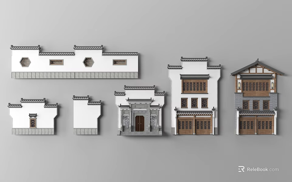 Traditional Chinese Garden Ornaments With Various Architectural Models White Walls Grey Tiles And Wooden Doors 3d model 